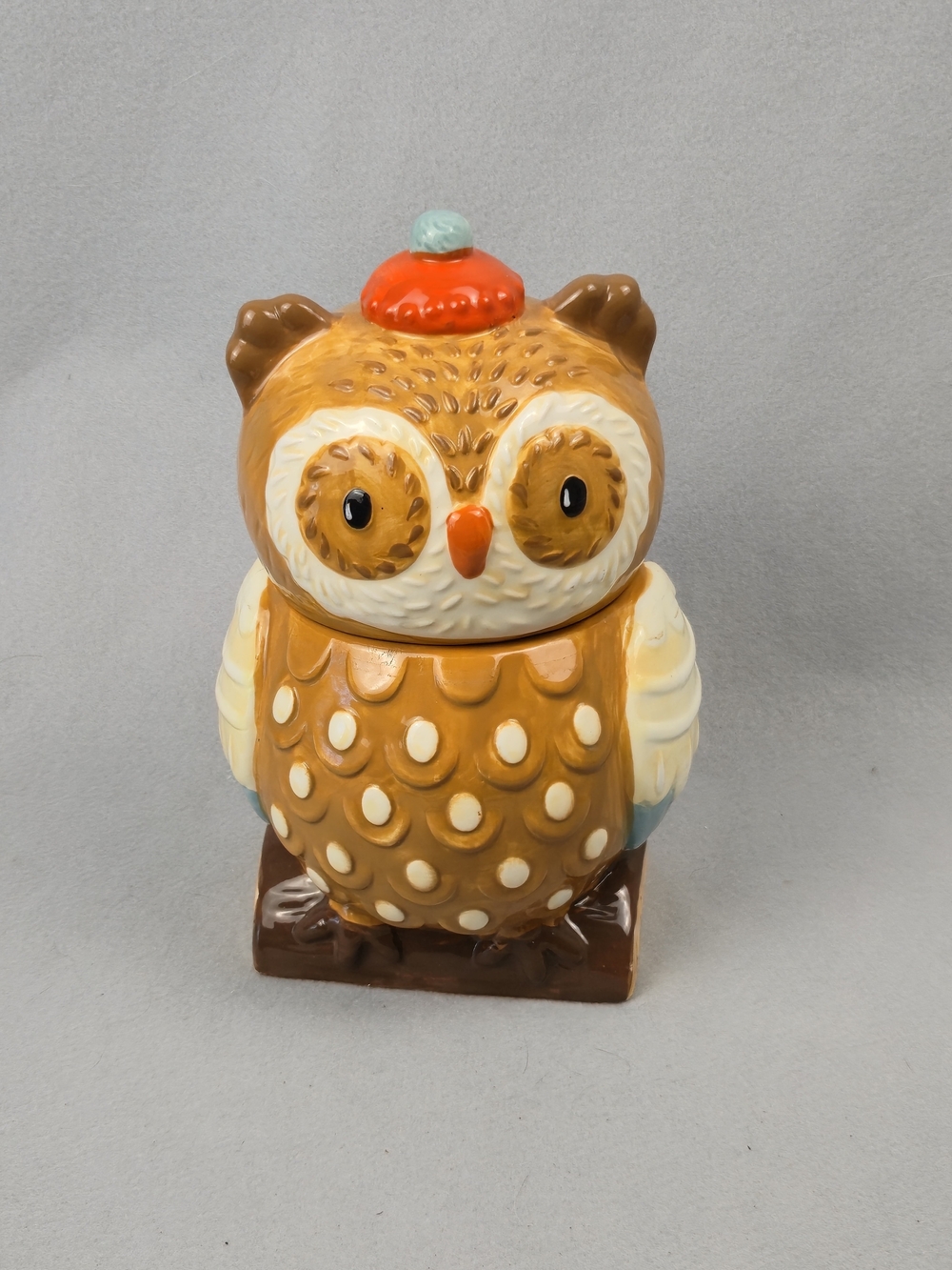 Ceramic Owl Cookie Jar Winter Beanie Hat Hand Painted Kitchen Decor